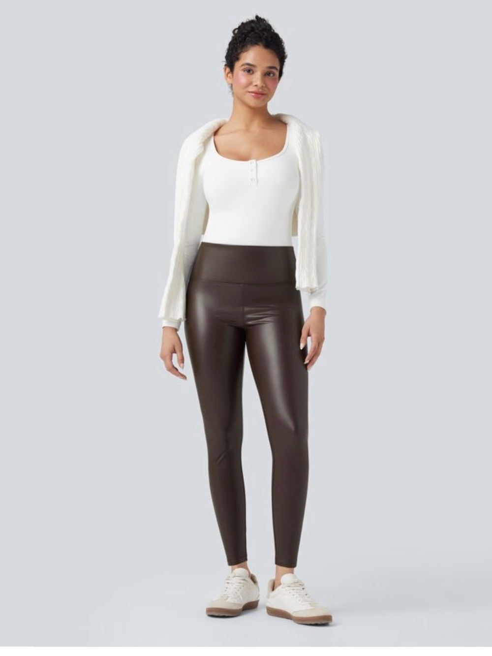 HALARA Faux Leather High Waisted 7/8 Leggings Brown Large NWOT